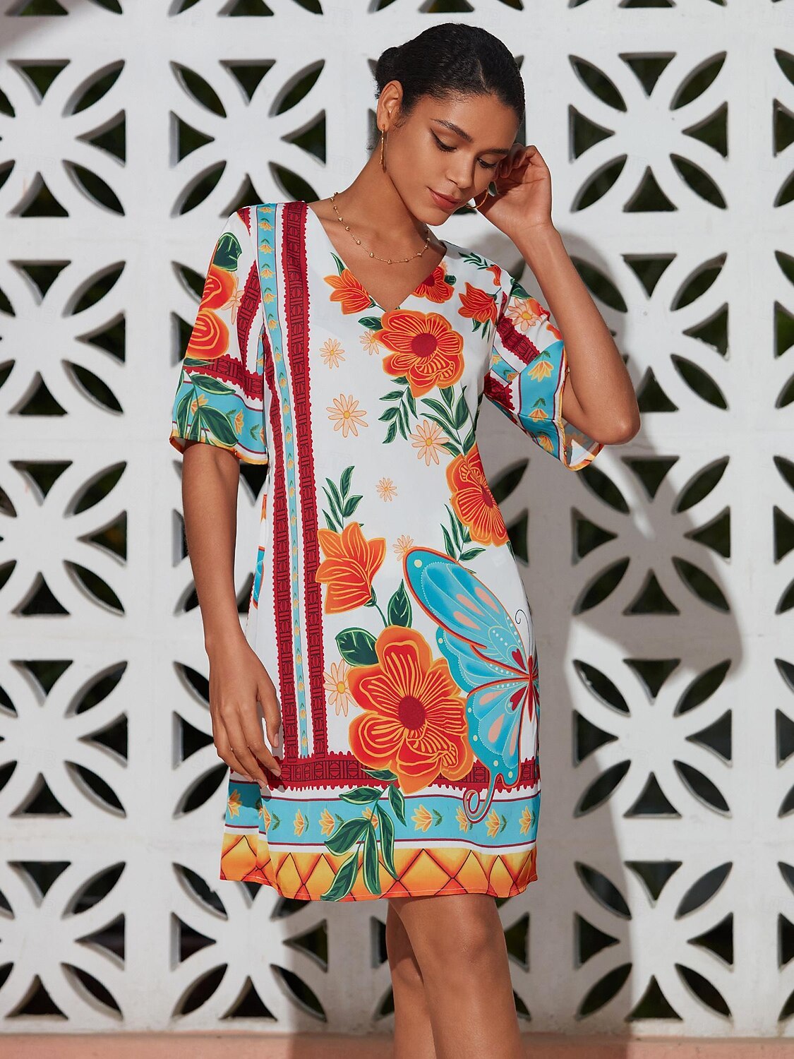 mini abito da donna con stampa floreale, scollo a V, manica corta, vestito estivo con motivo floreale arancione, casual, abbigliamento da spiaggia, stile elegante del 2025 a $64.99 –P3