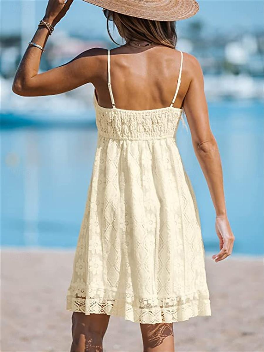 Women's Mini Dress White Dress Graduation Dress Lace Dress Sundress Bohemia Sexy Vacation Beach Regular Fit Sleeveless Strap White Yellow Summer 2025 - $35.99 –P5