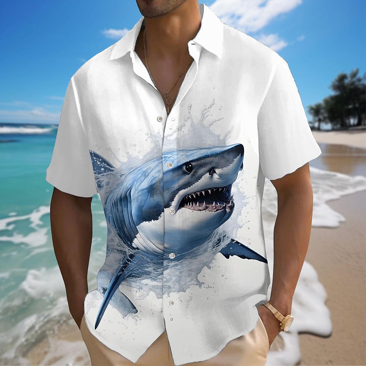 Bărbați Rechin Tropical viața marină Cămașă hawaiană Cămașă Aloha Mânecă scurtă Cămașă Răsfrânt Hawaiană Casual Stațiune În aer liber Vacanță Stradă Alb S M L 2025 - $24.99 –P1