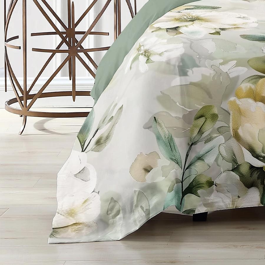 100 % bomull hvit blomst dynetrekk i plysj stoff 3-delt sett for sommer myk hudvennlig langvarig behagelig lettvekt 2025 - $60.99 –P10