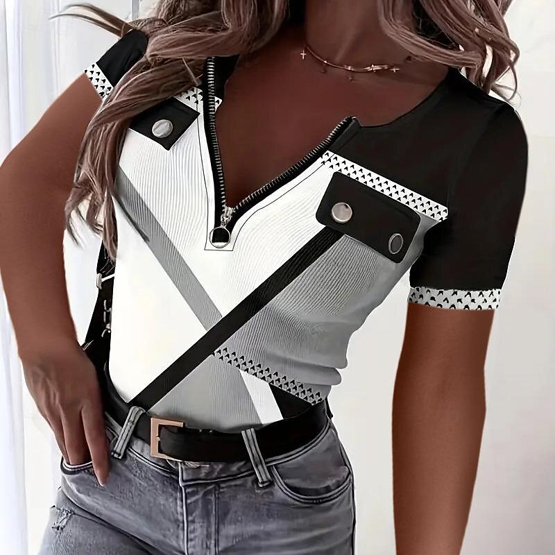 Women's T Shirt Color Block Fashion Short Sleeve V Neck Regular Tops Daily Weekend Print Quarter Zip Black Summer 2025 - $38.99 –P1