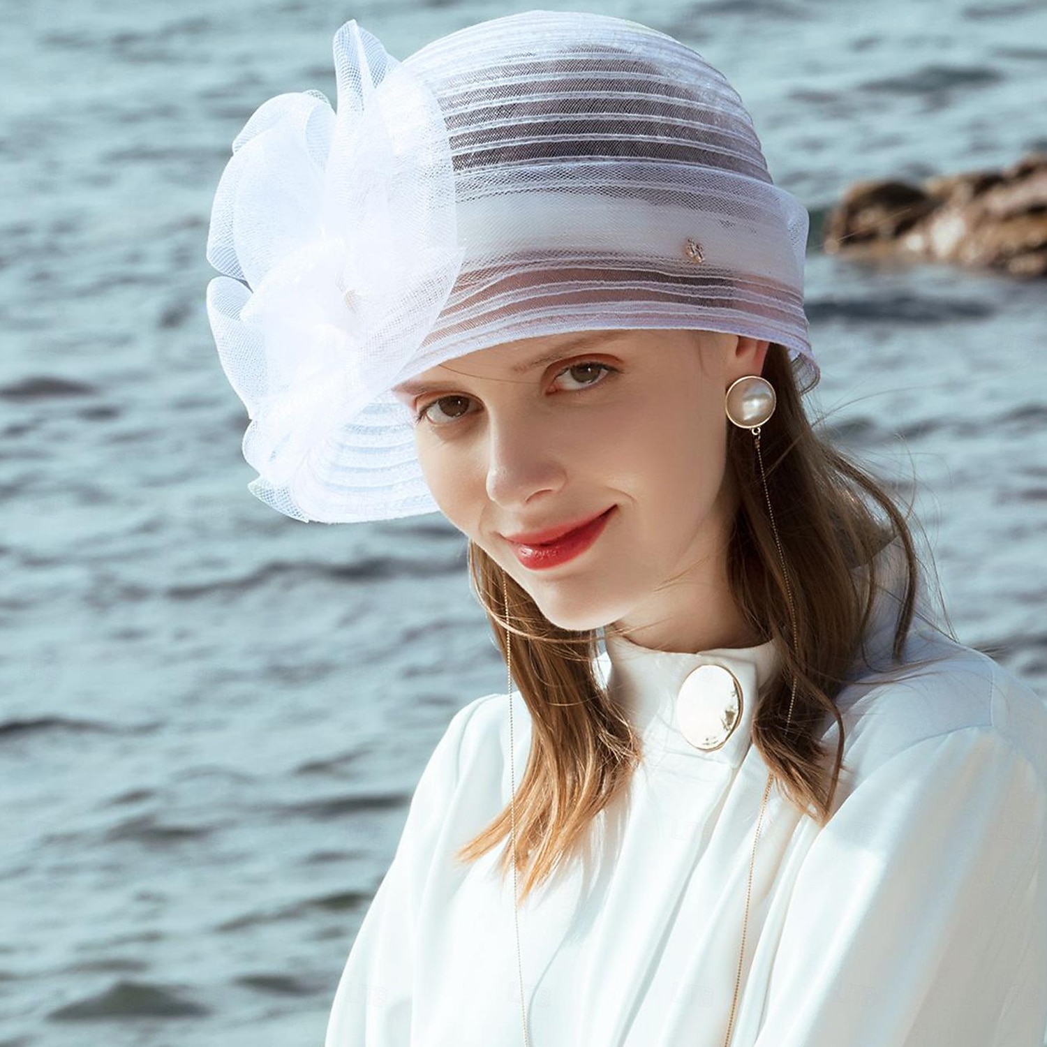 Hatter Fiber Bøttehatt Solhatt Bryllup Te Fest Elegant Bryllup Med Blomster Perledetaljer Hodeplagg Hodeplagg 2025 - $35.99 –P20