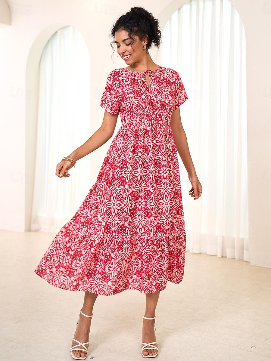 robe longue en mousseline de soie à fleurs et feuilles pour femmes, col noué, manches courtes, été de 2025 ? $7.39 –P6