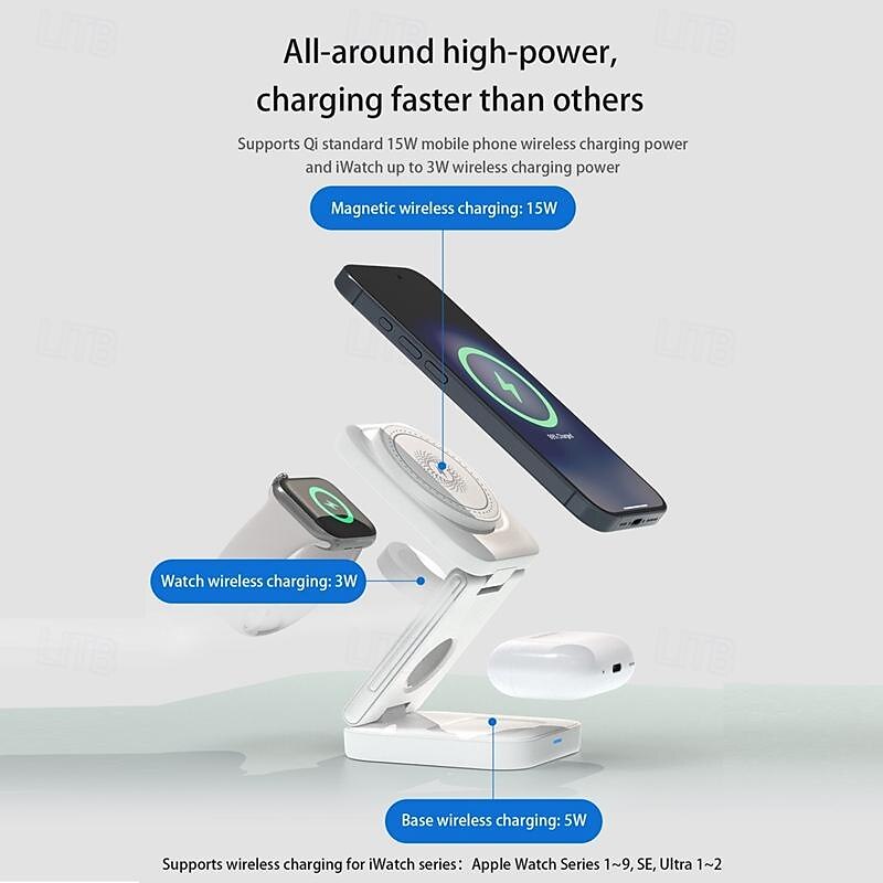 Wireless Charger 15 W Output Power Wireless Charging Station CE Certified Fast Wireless Charging MagSafe Universal For iPhone 14/13/12/11 Pro Max Universal Cellphone Gear Fit 2 R360 Apple Watch 2025 - $36.99 –P6
