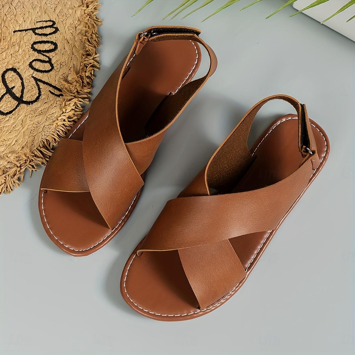 Women's Flat Sandals Boho Sandals Summer Beach Shoes Plus Size Cross Strap Sandals Casual Slingback Summer Sandals Black Brown 2025 - $18.99 –P5