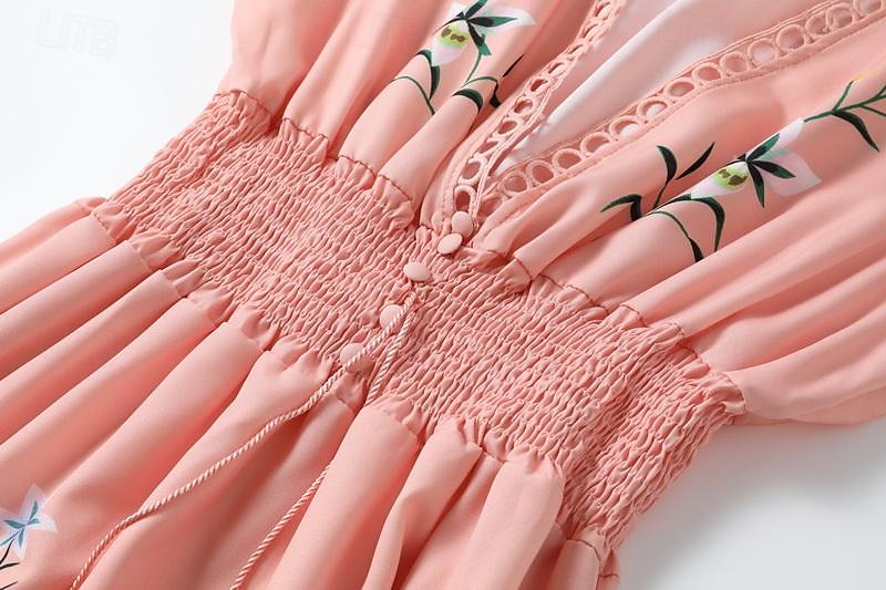 dam midiklänning bohemisk v-ringad blommig broderi elastisk midja dragsko kortärmad strandsemester rosa bekväm normal passform casual sommarkläder kläder 2025 - $30.99 –P4