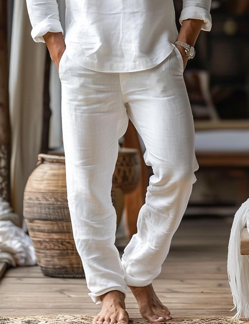 Men's Linen Pants Trousers Beach Pants Pocket Drawstring Plain Comfort Breathable Home Daily Stylish Classic Style Black White Micro-elastic 2025 - $20.99 –P2