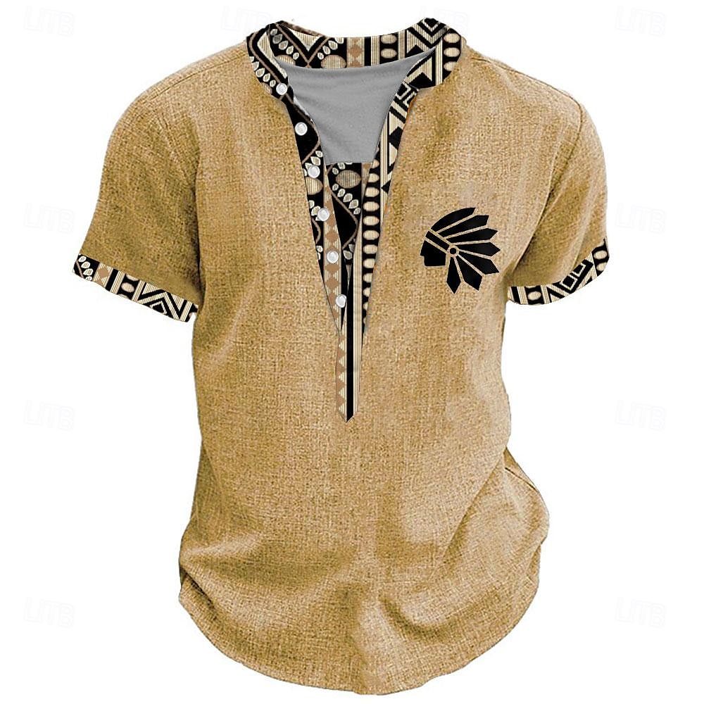 Miesten Tribaali Bandana Print T-paita Henley-paita Lyhythihainen 3D-tulostus Suunnittelija Etninen Loma Kausaliteetti Päivittäin Kesä Kevät Keltainen Apila Khaki Henley Henley T-paita 2025 - $22.99 –P1