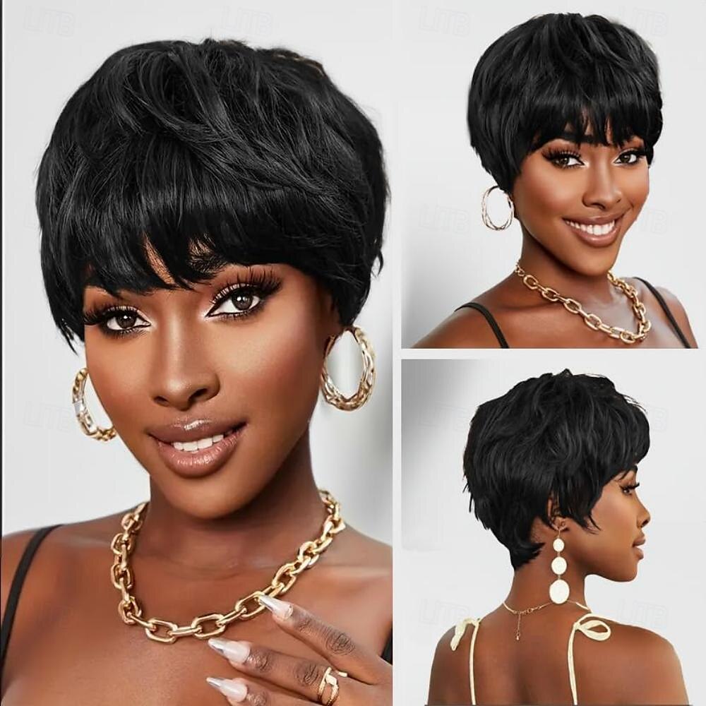Short Black Layered Wavy Wigs for Women 1B Color Human Hair Short Wigs Pixie Cut Wigs with Bangs 2025 - $42.99 –P2