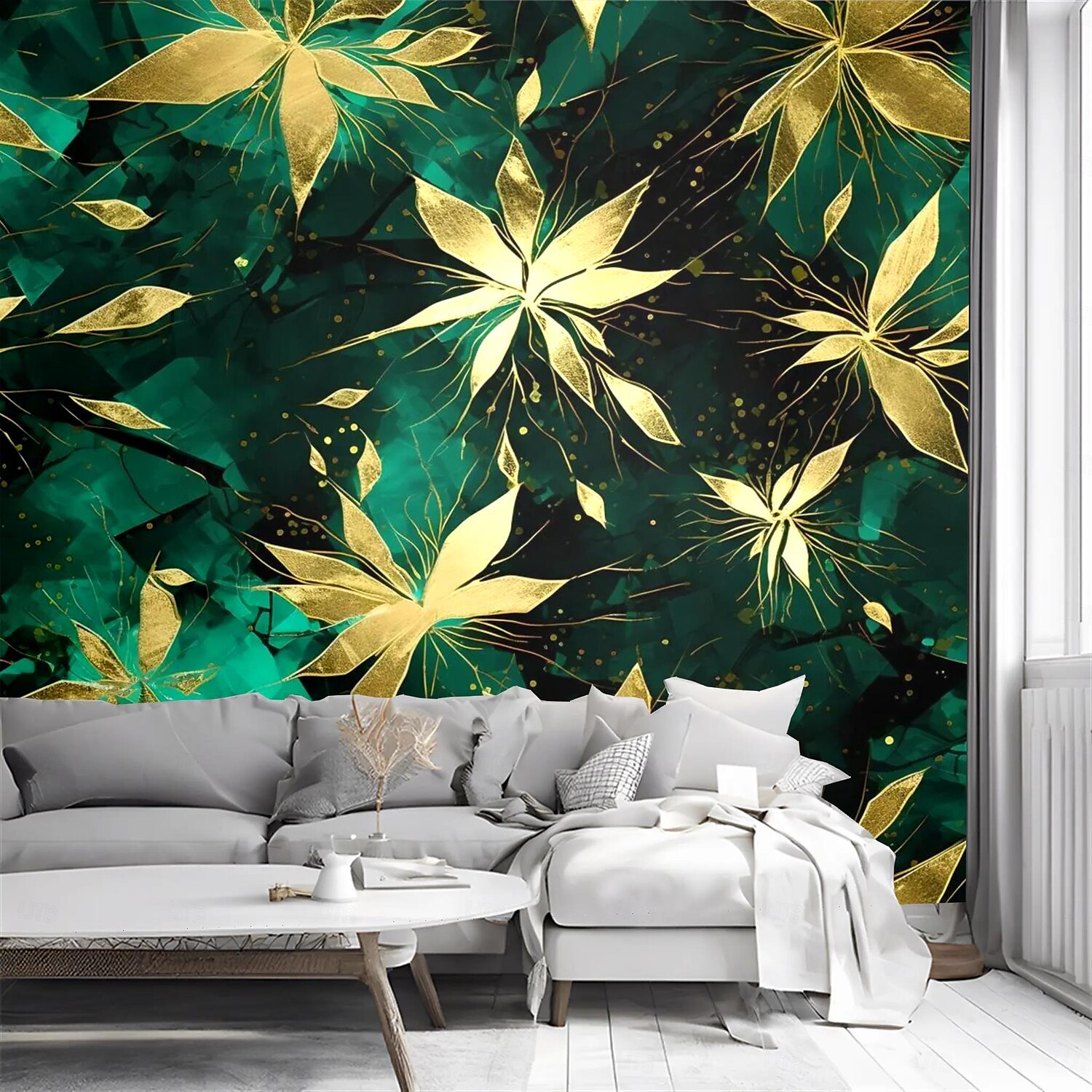 Papel de parede legal, mural de parede, folhas verdes douradas, adesivo de parede, cobertura de impressão, tela necessária, decoração de casa de 2025 por $13.99 -P4