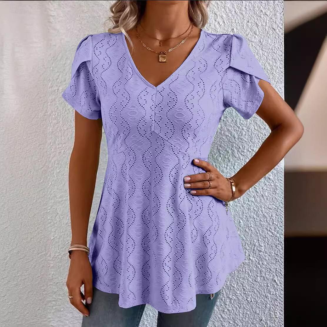 chemisier femme décontracté découpé à manches courtes hauts réguliers col en V quotidien blanc bleu violet vert été de 2025 ? $26.99 –P3
