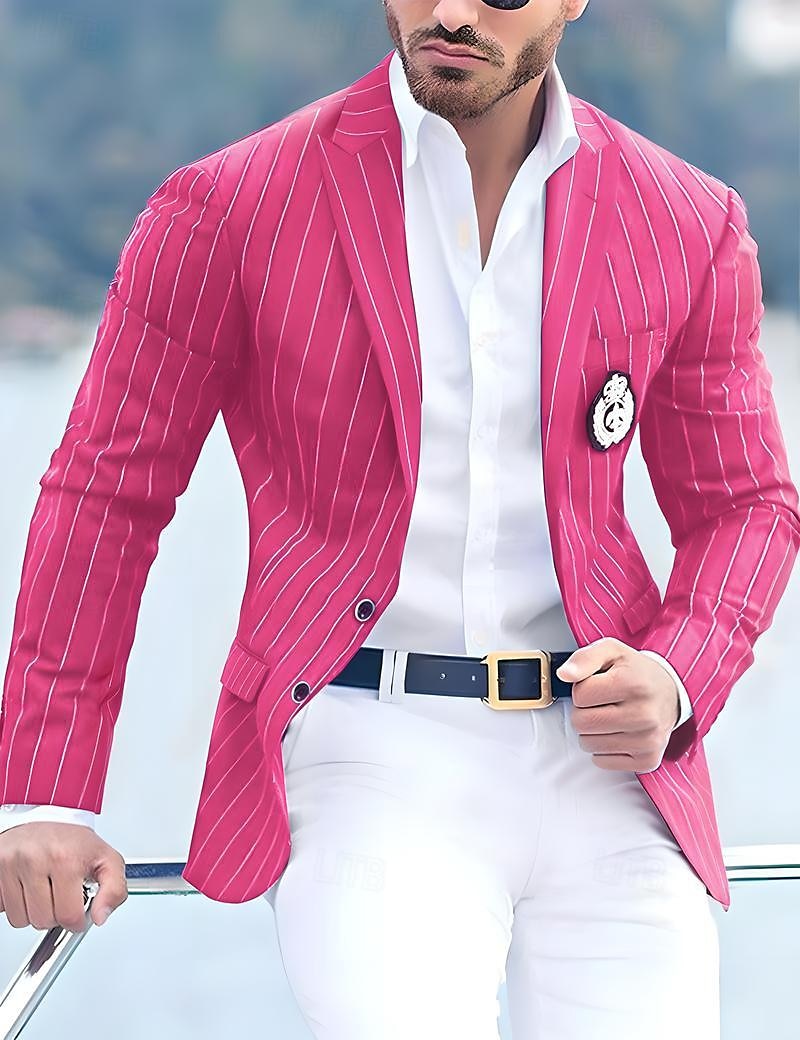 Per uomo Laurea Abbigliamento da cocktail Blazer Affari Serata Formale Ricevimento di matrimonio Solo in alto Moda Casual Estate Primavera & Autunno Poliestere A righe Tasca Casual / Quotidiano del 2025 a $49.99 –P18
