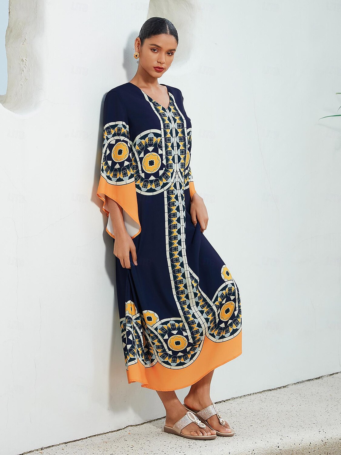 Dame Resort Wear Maxikjole Navyblå 3/4 ermer Folk Printer Vår sommer V-hals Fritid Strandferie XS S M 2025 - $124.99 –P6