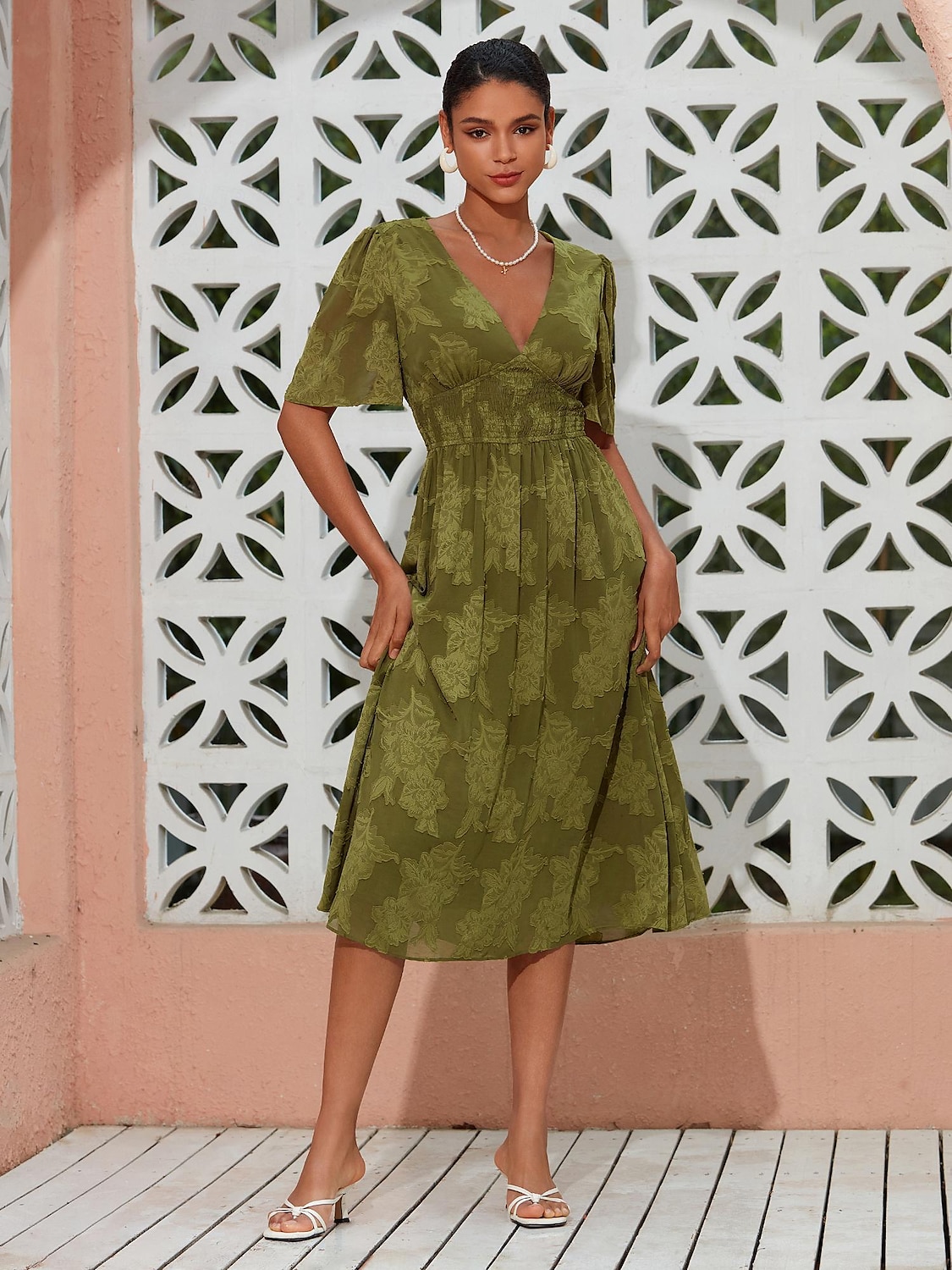 Mulheres Vestido elegante Verde Manga Curta Jacquard Jacquard Primavera Verão Decote V Vestido elegante Férias Encontro S M L de 2025 por $57.99 –P1