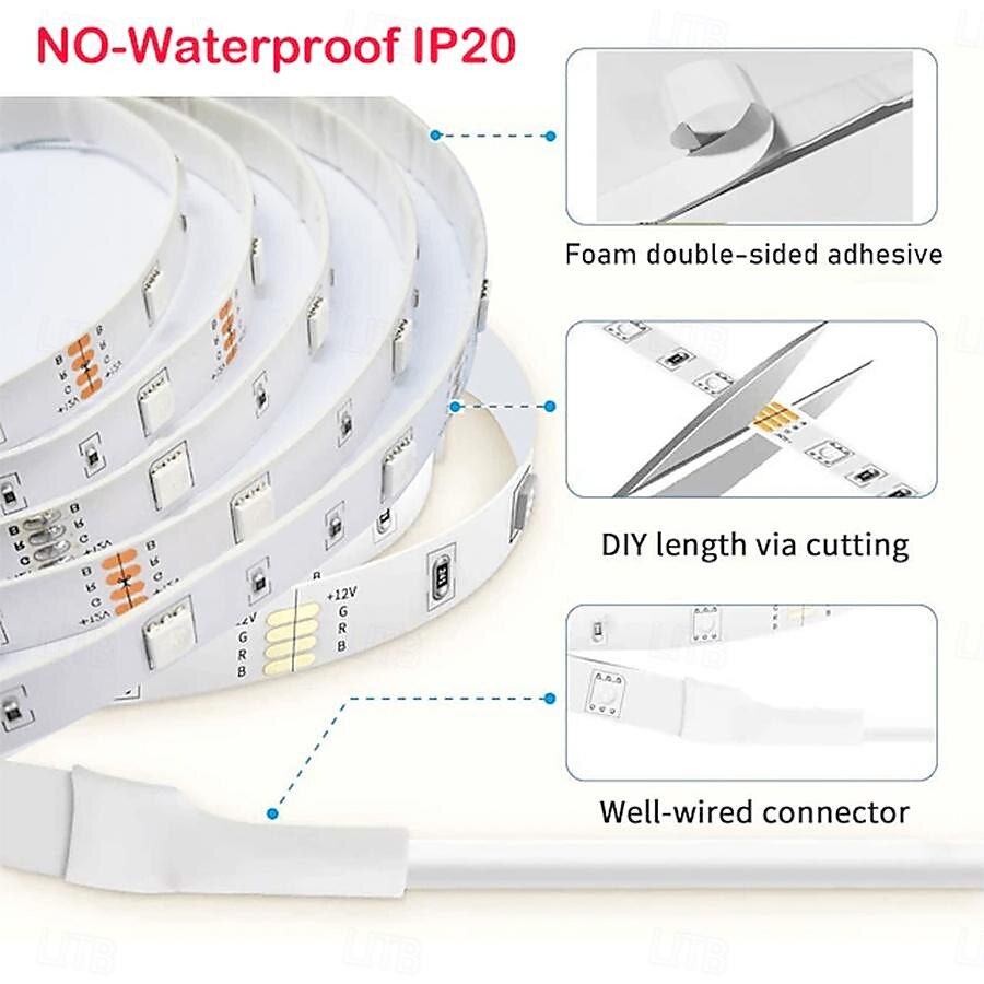 2025年 RGB LED ストリップ ライト キット 10-40 メートル (32.8-130 フィート) フレキシブル LED ライト ストリップ 5050 RGB SMD LED IR 44 キー コントローラー、インストール パッケージおよび 12V アダプター キット付き  コレクション – $41.15 –P4