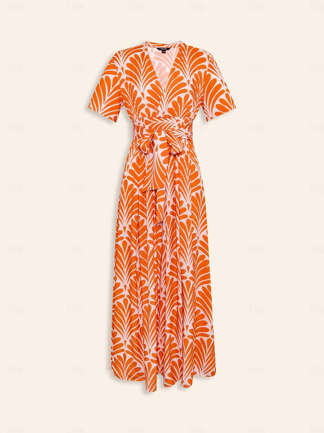 Damen Midi-Kleid Maxikleid Orange Kurzarm Geometrisch Mit Gürtel Frühling & Sommer V Ausschnitt Musterkleid S M L 2025 - $16.69 –P8