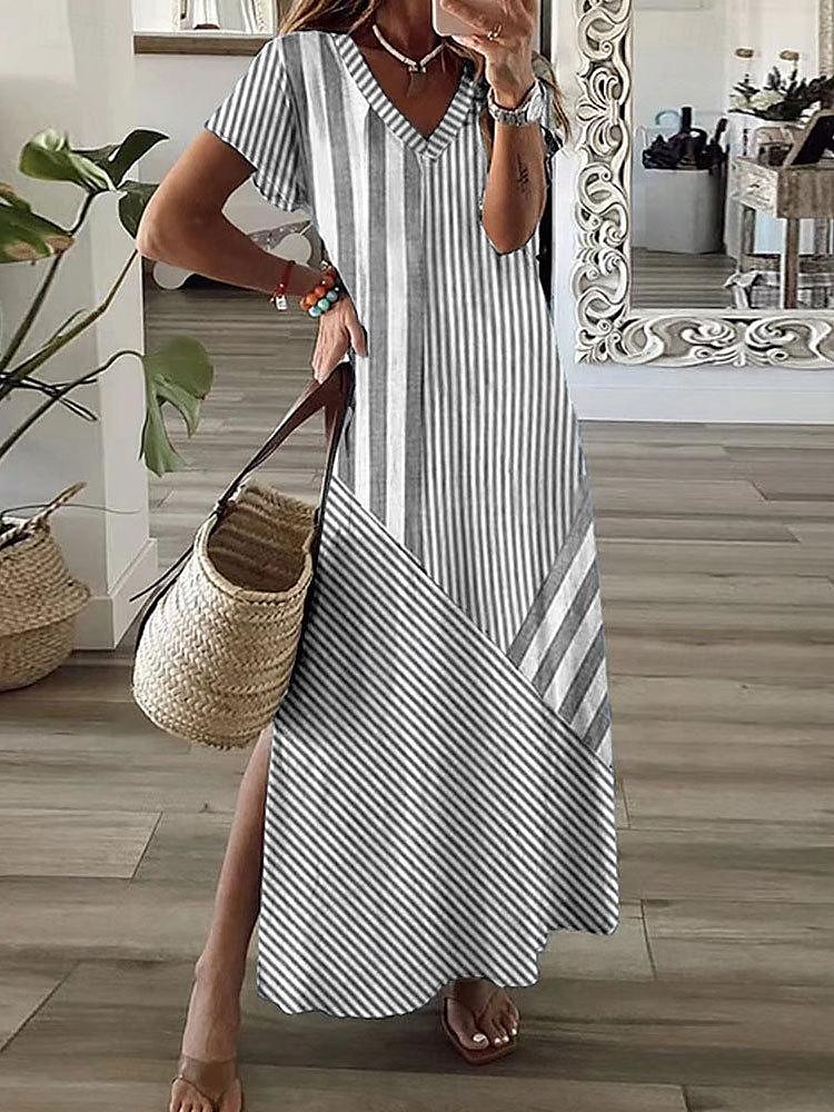 dámské ležérní šaty proužek patchwork potisk v krku midi šaty elegantní stylové rande dovolená léto podzim 2025 - $30.99 –P2