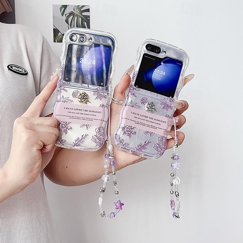 טלפון מגן עבור סמסונג גלקסי Z Flip 6 Z Flip 5 Z Flip 4 Z Flip 3 כיסוי אחורי שקיפות עם רצועת יד עמיד בזעזועים אנימציה פרח פרחוני TPU 2025 - $16.99 –P17