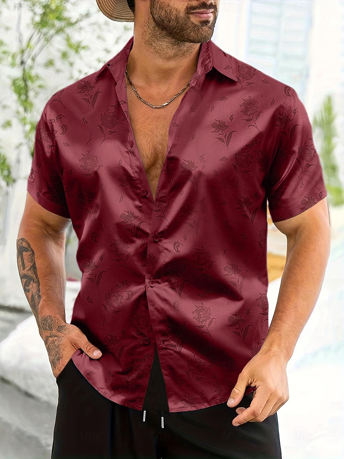 Men's Shirt Satin Shirt Summer Shirt Beach Wear Button Up Shirt Casual Shirt Black Red Green Short Sleeve Plain Collar Daily Vacation Clothing Apparel Fashion Casual Comfortable 2026 - $24.99 –P4