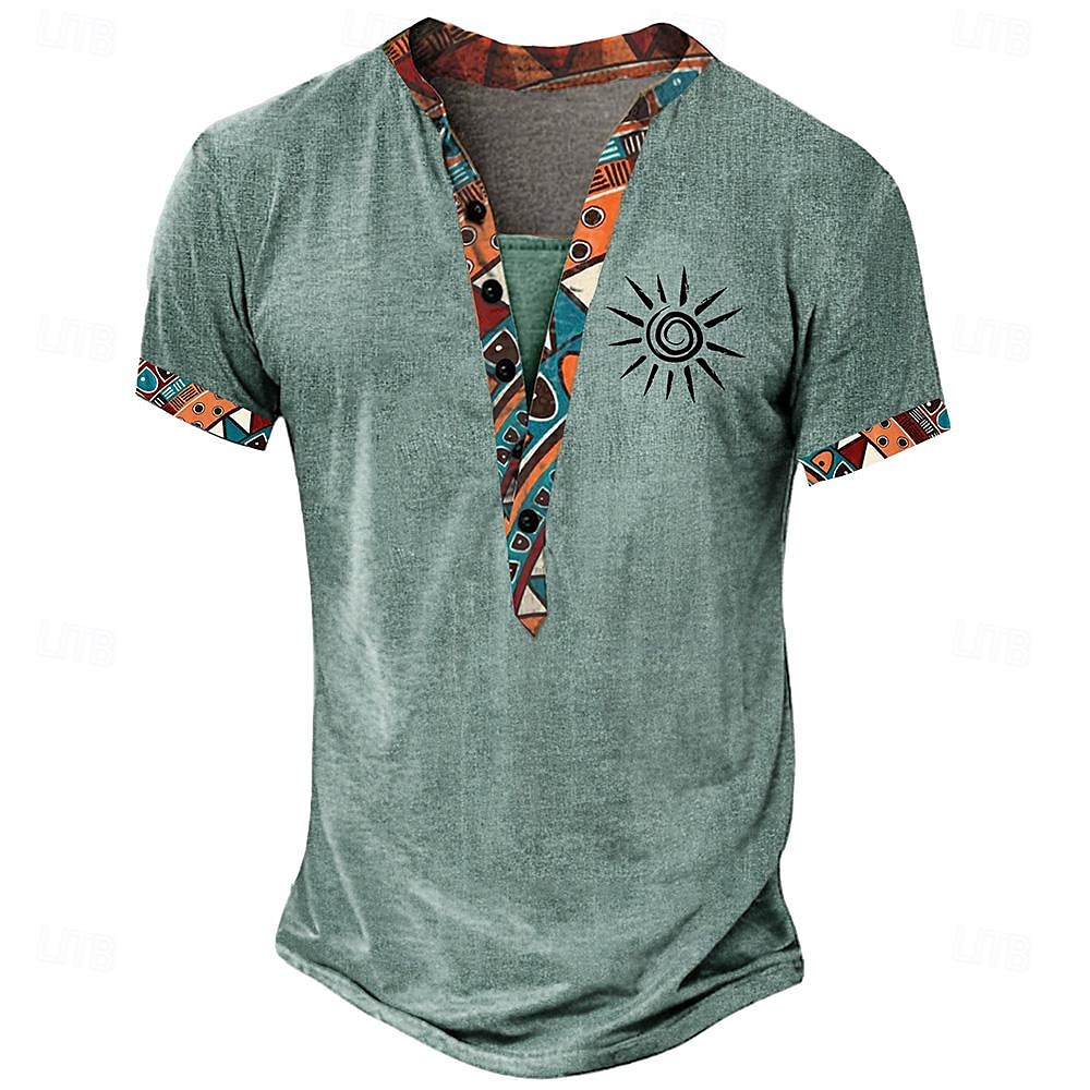Pánské Etno Bandana Print Tričko Tričko Henley Krátký rukáv 3D tisk Designové Geleneksel Ležérní Denní Léto Jaro Žlutá Hnědá Trávová zelená Stojáček Tričko Henley 2025 - $22.99 –P4