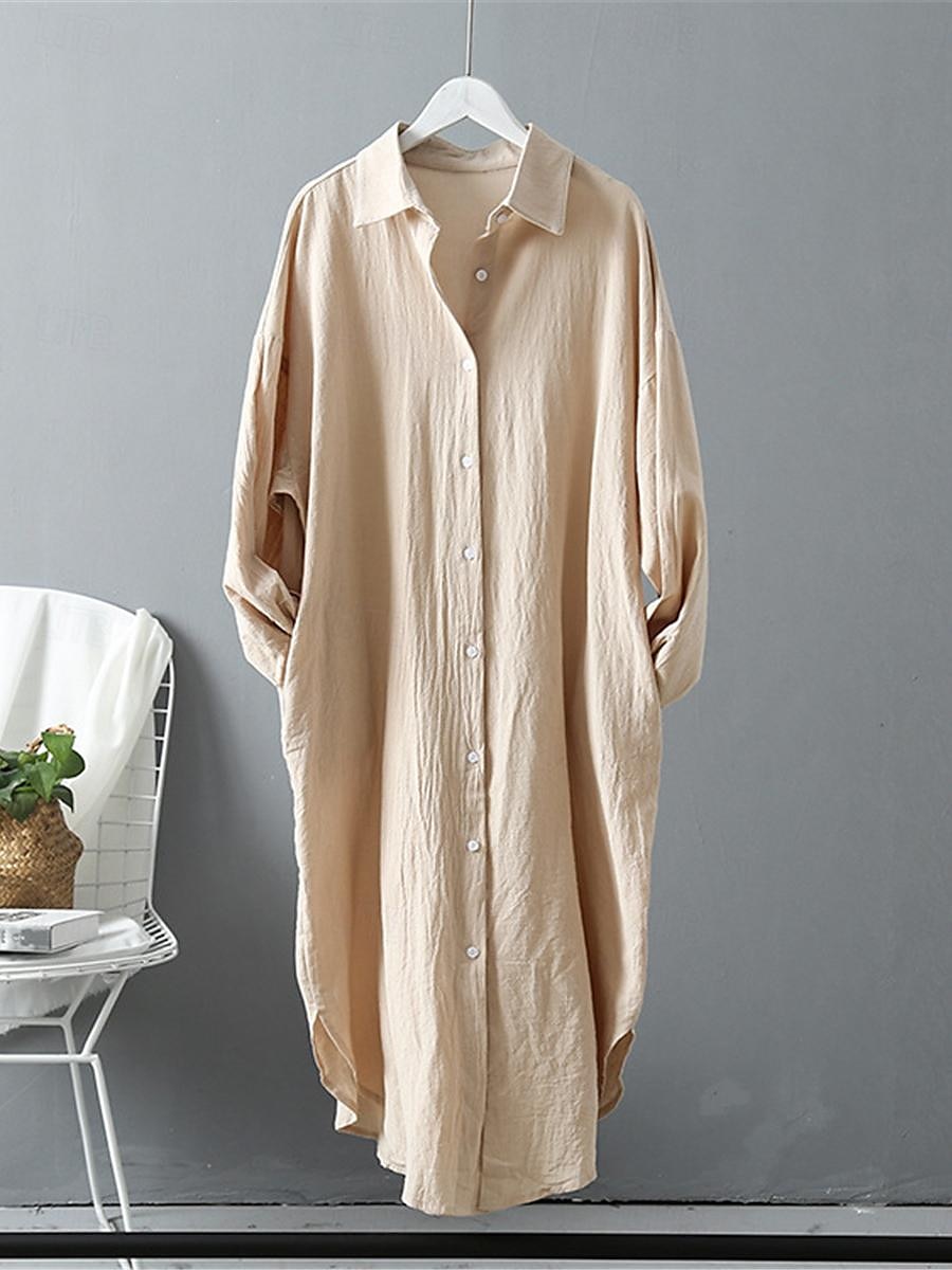 Women's White Dress Shirt Dress Cotton Linen Dress Midi Dress Office Vacation Linen Basic Casual Shirt Collar Button Long Sleeve Summer Spring Loose Fit Plain 2025 - $39.99 –P10