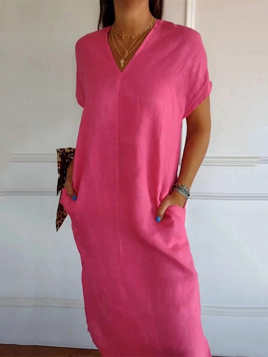 Femmes Noir Rouge Vert Été Printemps Robe Midi Robes inspirées du lin Robe Décontractée Basique Moderne Occasionnel Quotidien Week-end Coupe Ample Uni Col en V de 2025 ? $22.99 –P2