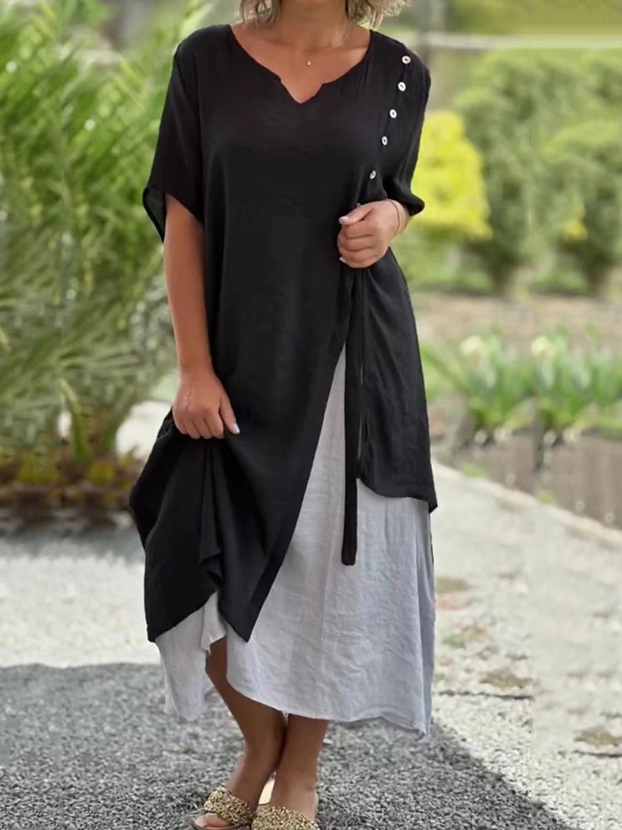 Femmes Noir Rose Claire Bleu Été Printemps Robe Midi Robes en coton et lin Robe Décontractée Basique Moderne Quotidien Week-end Coupe Ample Uni Col fendu de 2025 ? $32.99 –P2