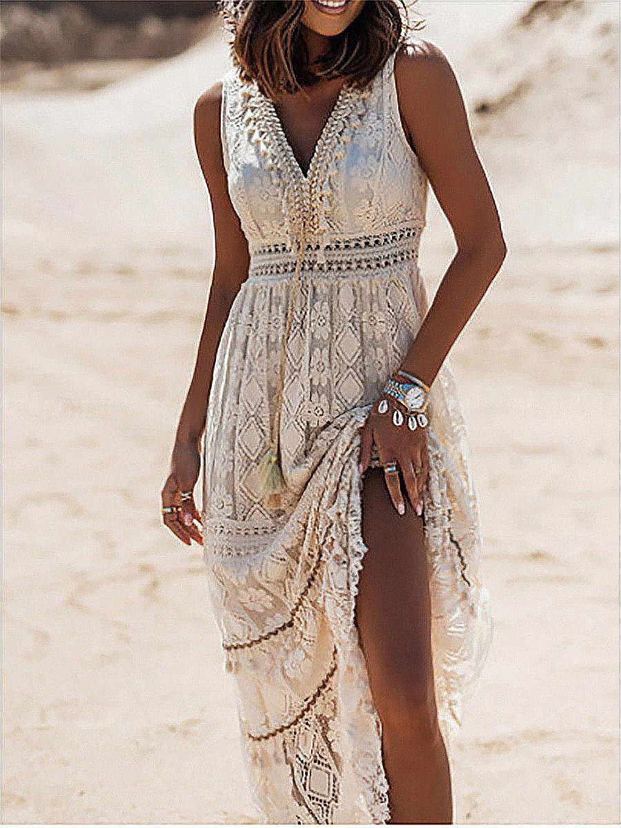 Women's Long Dress Maxi Dress Maxi Dress White Dress Boho Chic Dresses Boho Dress Bohemia Wedding Vacation Date Regular Fit Sleeveless V Neck White Apricot Summer 2025 - $30.99 –P4