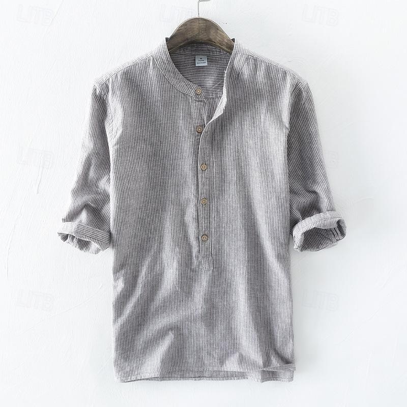 Men's Shirt Chinese Collar Shirt Mandarin Collar Shirt Casual Shirt Cotton Shirt Plain Vacation Street Sky Blue Dark Grey Beige Half Sleeve Band Collar Summer Clothing Apparel Button-Down 2026 - $21.99 –P6