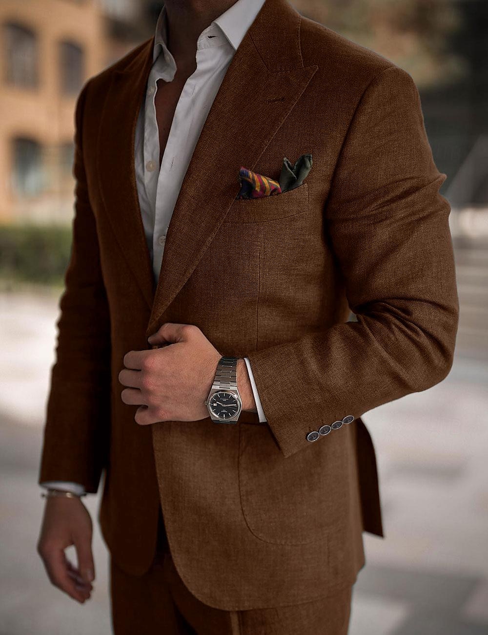Costumes de mariage en lin pour hommes vert foncé été unis coupe sur mesure 2 pièces à un bouton de 2025 ? $116.99 –P5