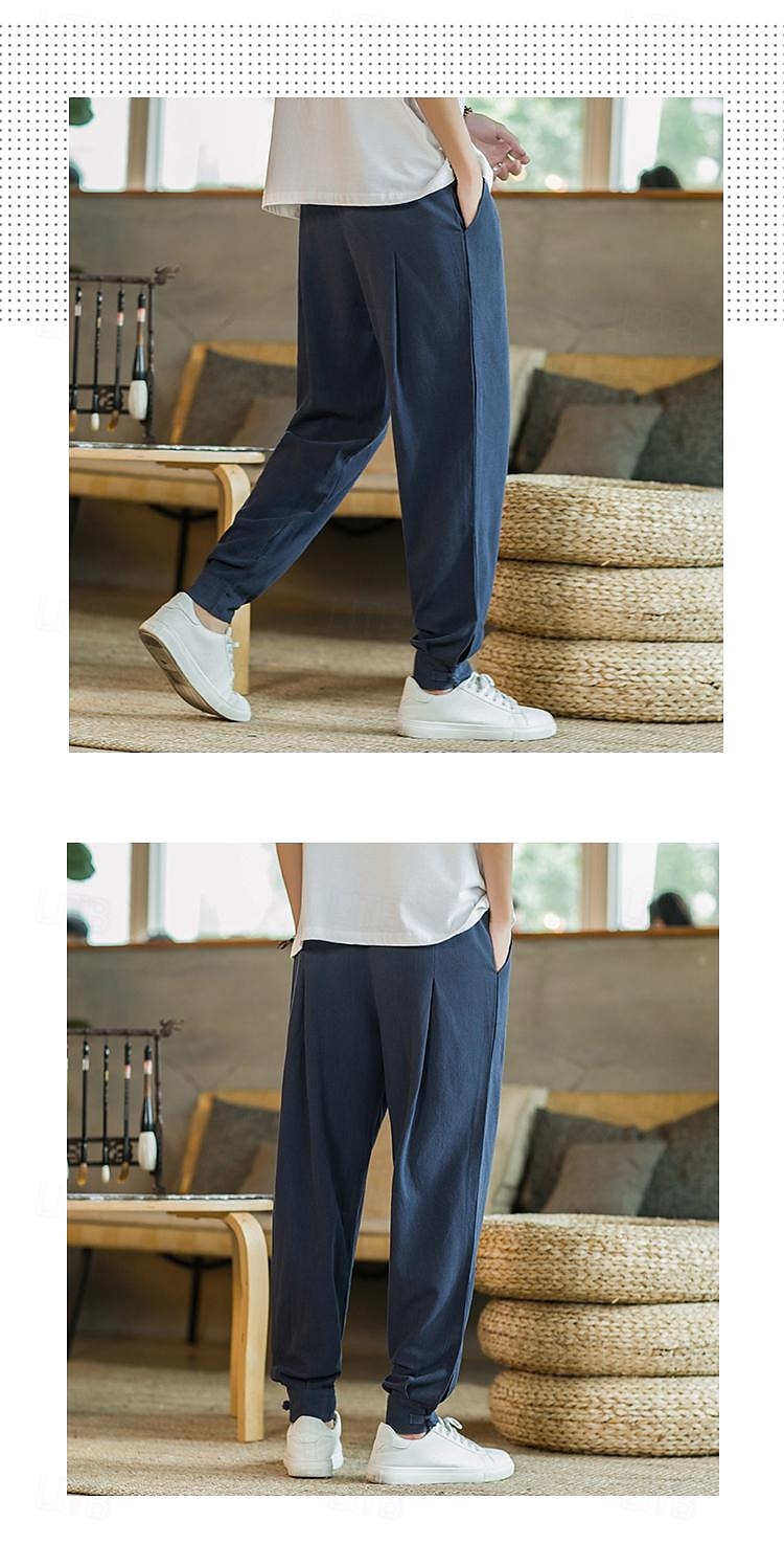 Homens Calças de linho Calça verão Calça casual Bolsos Côr Sólida Respirável Comprimento total Esportes Relaxantes Casual Ajuste Largo Preto Azul Profundo Sem Elasticidade de 2025 por $31.99 –P11