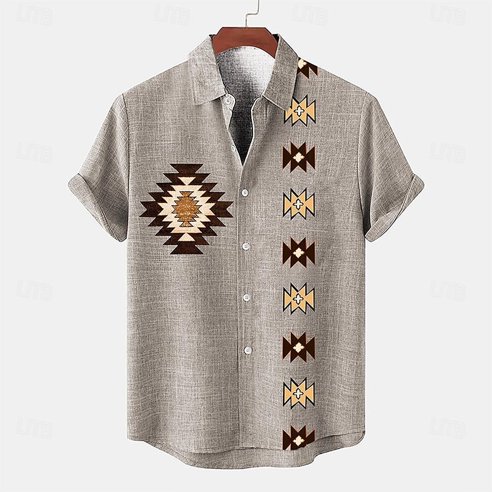 Voor heren Overhemd linnen overhemd retro-overhemden Vintage overhemd Etnisch shirt Tribal Dagelijks Bruin Groen Grijs Korte mouw Strijkijzer Zomer Lente Kleding 2025 - $26.99 –P5