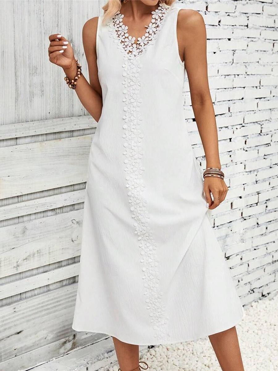 Damen Weißes Kleid Midikleid Baumwolle Spitze Patchwork Verabredung Urlaub Strassenmode Basic V Ausschnitt Ärmellos Schwarz Weiß Farbe 2025 - $39.99 –P1
