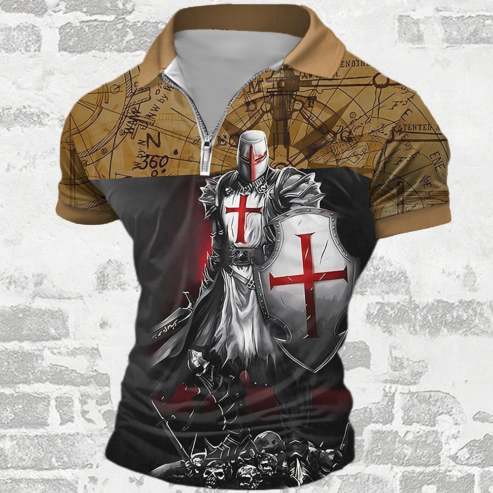 Per uomo Cavalieri Templari Polo con zip Maglia da golf Manica Corta Magliette polo Camicie con Colletto Abbigliamento da vacanza Abbigliamento da festa Abiti da festa Stampa 3D Polo con cerniera a del 2026 a $23.99 –P1