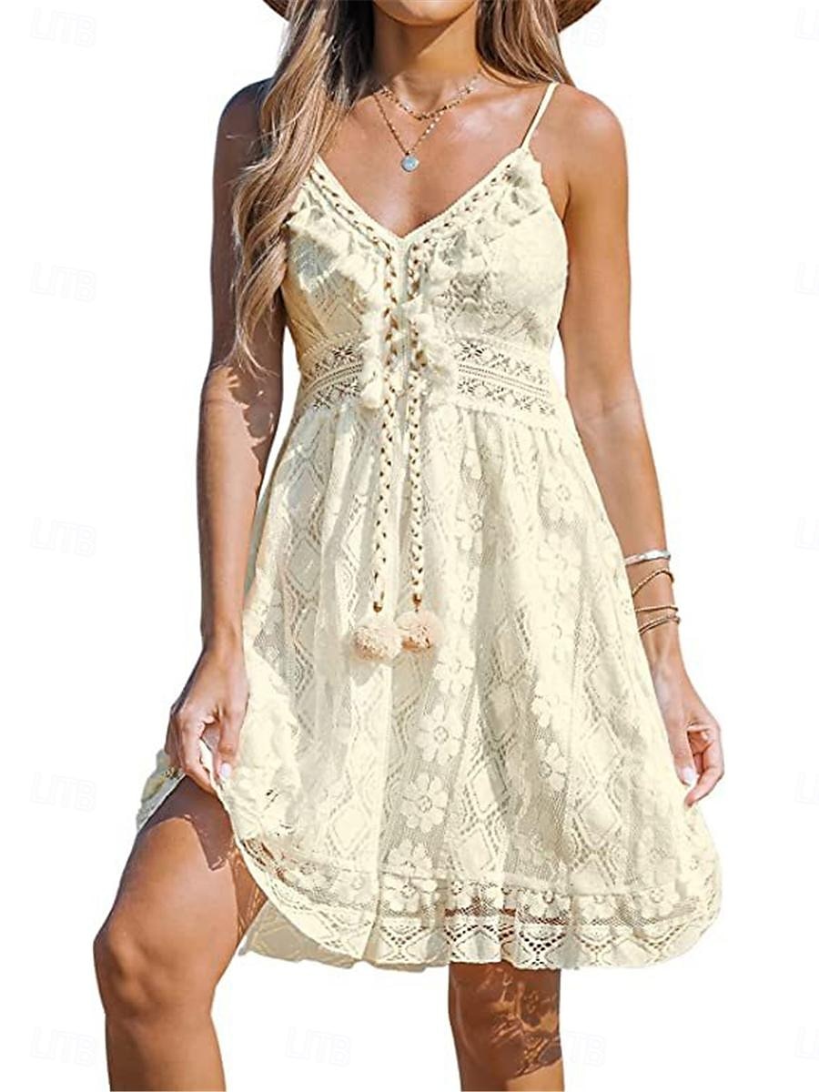 Women's Mini Dress White Dress Graduation Dress Lace Dress Sundress Bohemia Sexy Vacation Beach Regular Fit Sleeveless Strap White Yellow Summer 2025 - $35.99 –P6