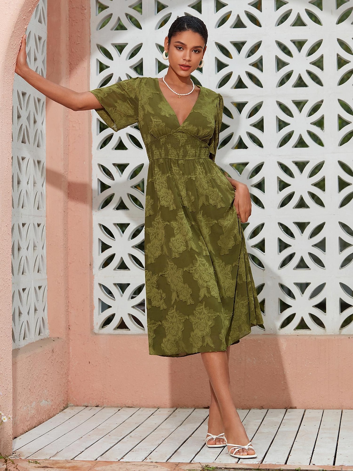 Mulheres Vestido elegante Verde Manga Curta Jacquard Jacquard Primavera Verão Decote V Vestido elegante Férias Encontro S M L de 2025 por $57.99 –P5