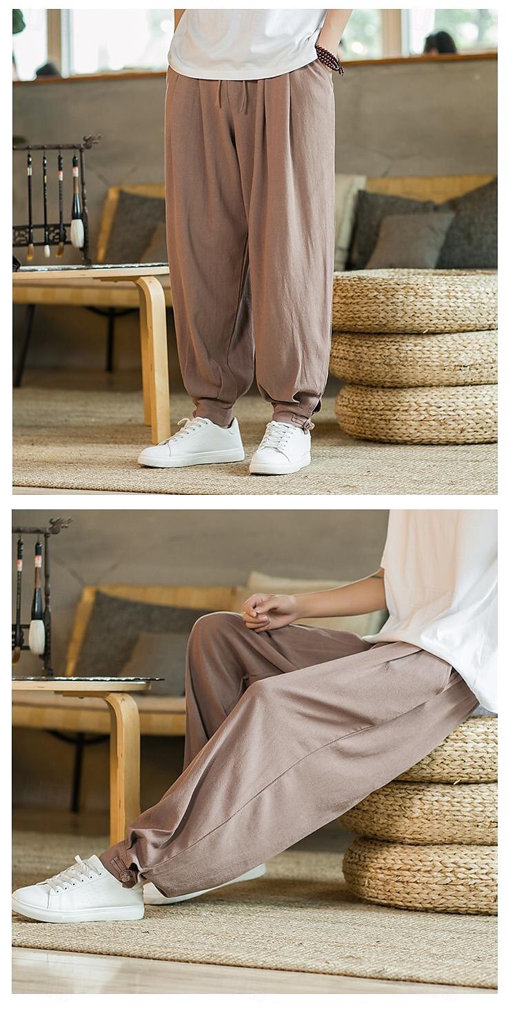 Homens Calças de linho Calça verão Calça casual Bolsos Côr Sólida Respirável Comprimento total Esportes Relaxantes Casual Ajuste Largo Preto Azul Profundo Sem Elasticidade de 2025 por $31.99 –P7