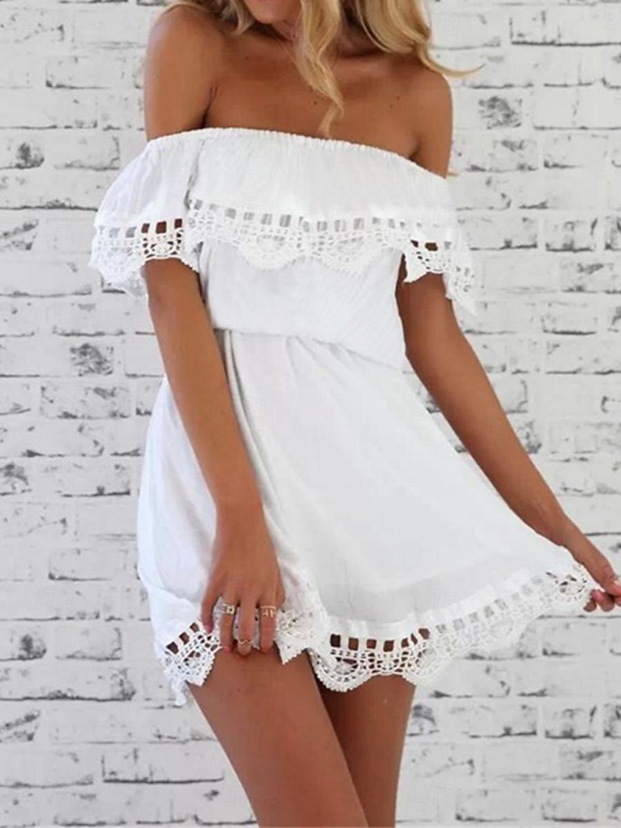 Damen Minikleid Weißes Kleid Freizeitkleid A Linie Kleid Sommerkleid Streetwear Basic Lässig Urlaub Straße Ferien Normale Passform Kurzarm Schulterfrei Schwarz Weiß Sommer 2025 - $41.99 –P1