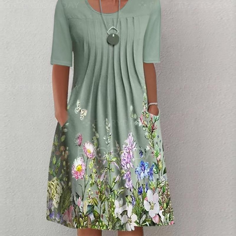 Vestito Midi Donna Vestito Casual Floreale Arricciato Stampa con Tasche Collo Giro Base Classico Quotidiano Manica Corta Estate Primavera del 2025 a $31.99 –P1