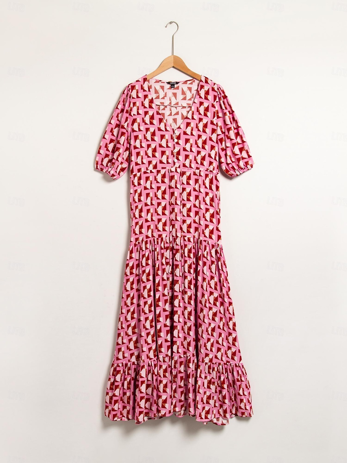 Mulheres Roupas de resort Vestido Longo Vestido Maxi Rosa Manga Curta Geométrico Com Cordão Primavera Verão Decote V férias na praia S M L de 2025 por $124.99 –P7