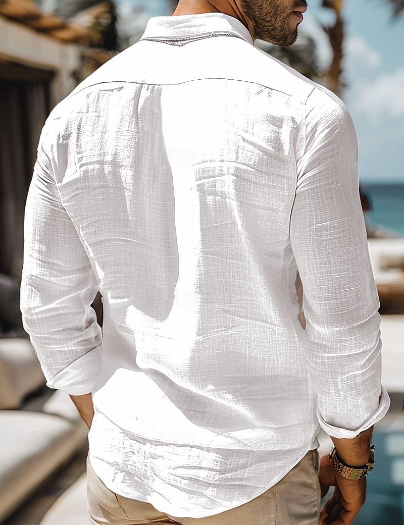 Herren Hemd leinenhemd Guayabera Hemd Sommerhemd Strandbekleidung Knopfhemd Glatt Urlaub Curise Schwarz Weiß Dunkelmarine Khaki Langarm Kragen Frühling Sommer Bekleidung 2025 - $25.99 –P4