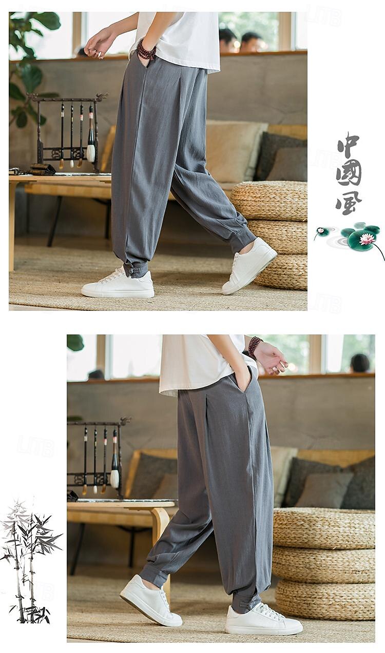 Homens Calças de linho Calça verão Calça casual Bolsos Côr Sólida Respirável Comprimento total Esportes Relaxantes Casual Ajuste Largo Preto Azul Profundo Sem Elasticidade de 2025 por $31.99 –P19
