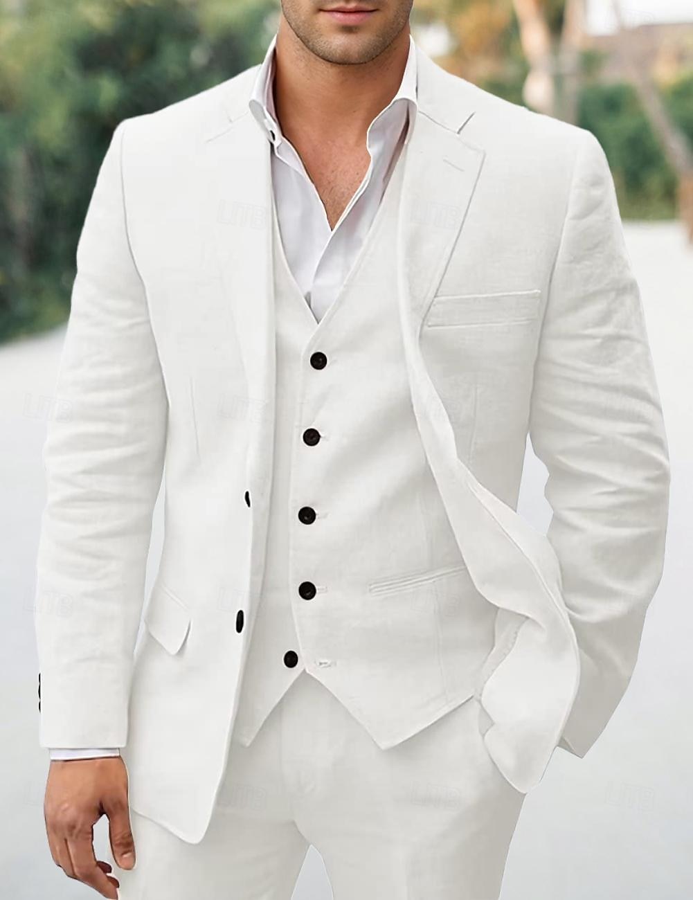 Trajes de Casamento Masculinos Linho Branco Azul Céu Verão Cores Sólidas Ajuste Sob Medida 3 Peças Com Duas Fileiras de Botões de 2025 por $139.99 –P3