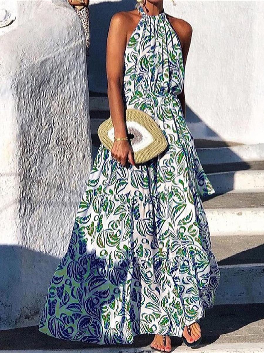 Pentru femei Rochie Lunga Rochie Maxi Rochie casual Rochie leagăn Rochie A line Rochie de vară Stilat Casual Vacanță Zilnic Dată Fit regulat Floral Fără manșon Gâtul halter Albastru piscină Trifoi 2025 - $33.99 –P4