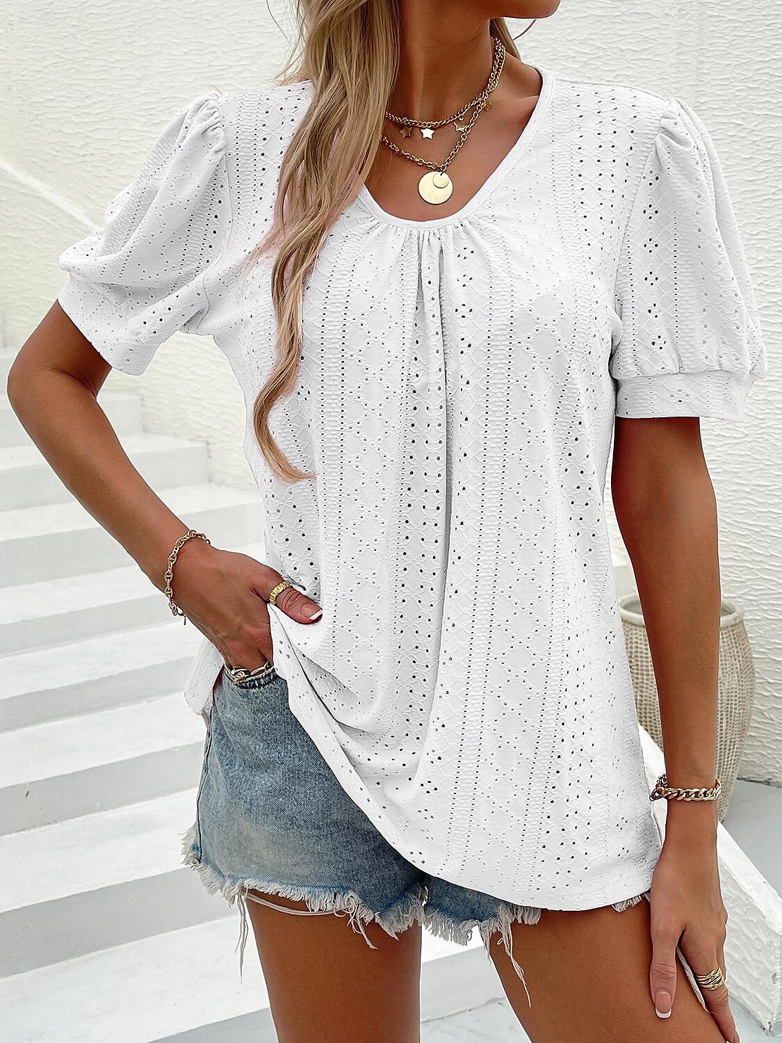 Dame Bluse Elegant Bohem Kortermet Crew-hals Feriereise Daglig Ut på byen knyttede Hvit Rosa Militærgrønn Grønn Sommer 2025 - $26.99 –P12