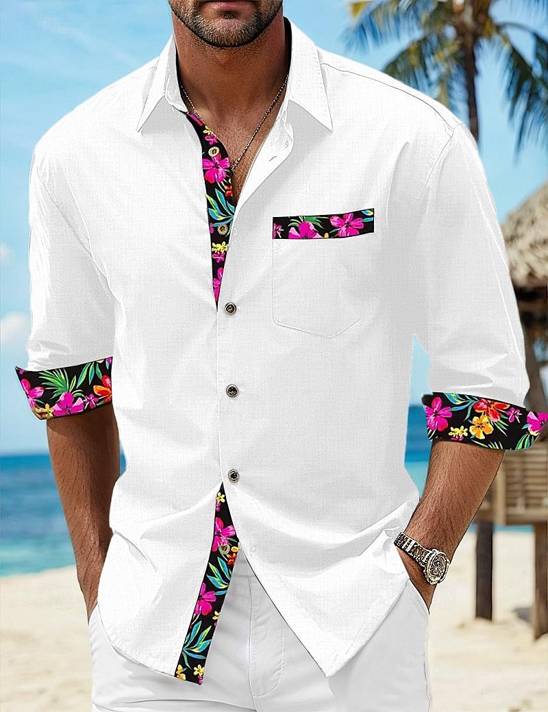 Voor heren Overhemd linnen overhemd Zomer overhemd Strand Kleding Overhemd met knopen Bloemig Vakantie Curise Zwart Wit Blozend Roze blauw Lange mouw Revers Lente & Herfst Kleding Splits 2025 - $26.99 –P4