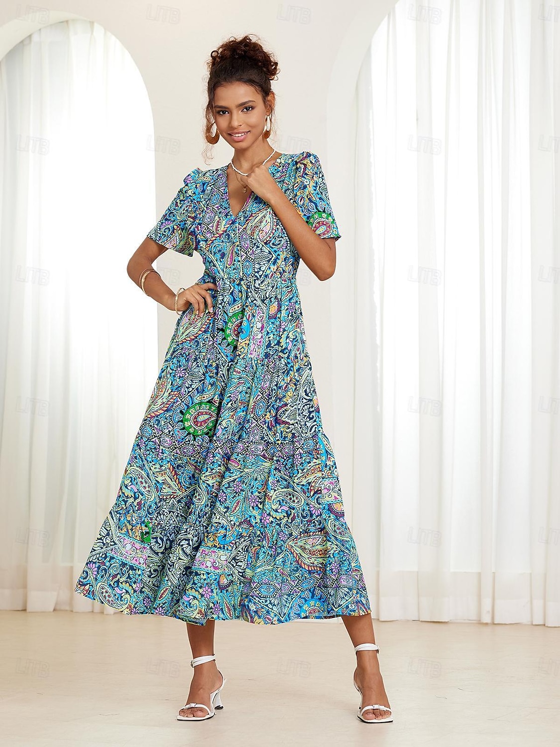robe midi bohème pour femme col en V manches courtes imprimé cachemire évasé été décontracté tissu léger et respirant coloré style bohème vacances vêtements de plage multicolore disponible en de 2025 ? $49.99 –P9