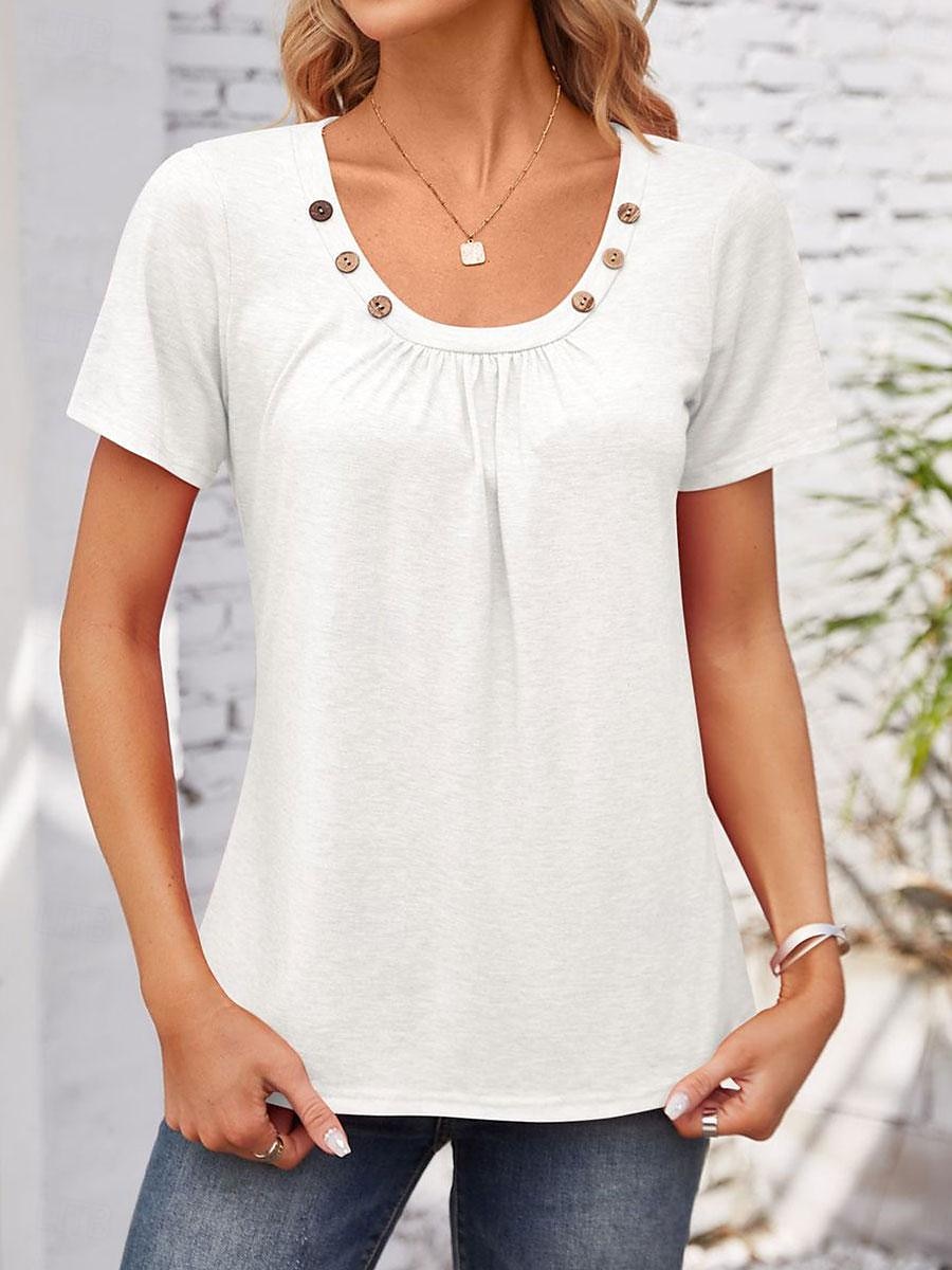 Women's Tunic Plain Stylish Short Sleeve Crew Neck Regular Tops Daily Buttons White Pink Khaki Gray Summer Spring Fall 2025 - $21.99 –P6