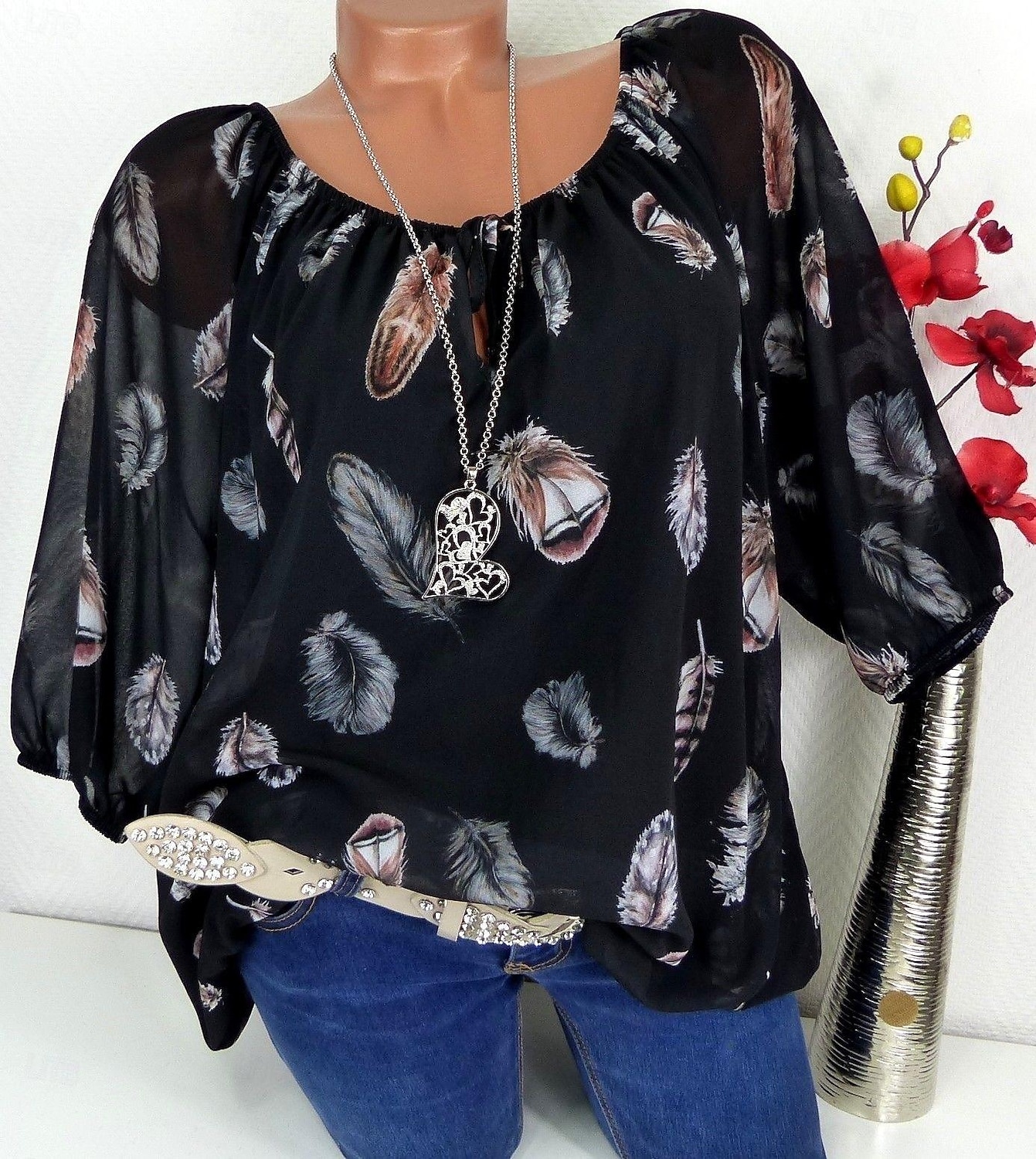 Damen Boho Bluse Federdruck Langarm V-Ausschnitt Krawattenbänder fließendes Top weiß braun lässig Strand Festivalmode entspannte Passform Frühling Sommer Kleidung 2025 - $24.99 –P6