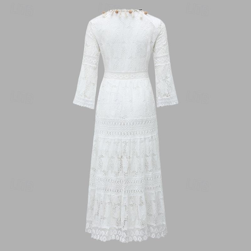Damskie Sukienka maxi Biała sukienka Biała koronkowa suknia ślubna Sukienki w stylu boho Sukienka Boho Elegancja Bohema Linia A Urlop Święto Regularny Długi rękaw W serek Biały Morelowy Lato 2025 - $57.99 –P2